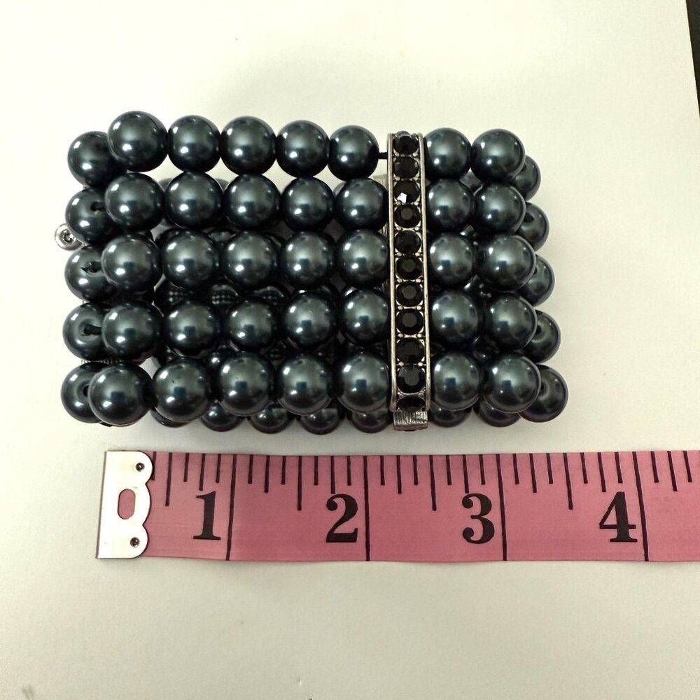 Cabi Heritage Black Pearl Bracelet Silver Tone Rhinestone Blue Gray 5 Strand - Picture 10 of 11